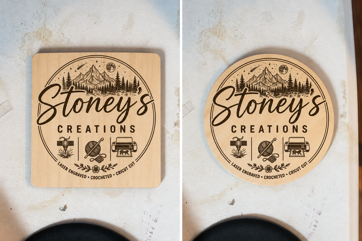 Custom laser-engraved wood coaster set with personalized text, handmade by Stoney's Creations