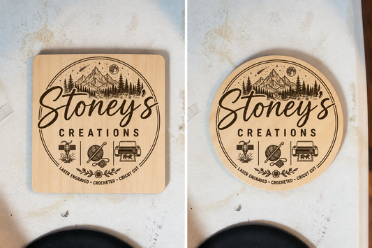Custom laser-engraved wood coaster set with personalized text, handmade by Stoney's Creations