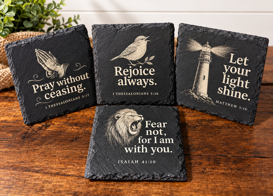 Set of 4 laser-engraved slate coasters with Bible verses: praying hands Pray without ceasing, songbird Rejoice always, lighthouse Let your light shine, and lion Fear not, for I am with you